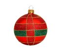 See slide Boule de Noël rouge mat en verre, décor tartan en paillettes rouges et vertes, lignes dorées peintes à la main.