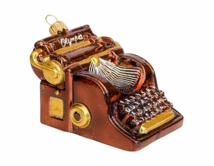 Boule de Noël originale machine à écrire brune brillante, verre soufflé et décorée à la main.
Hauteur : 10cm