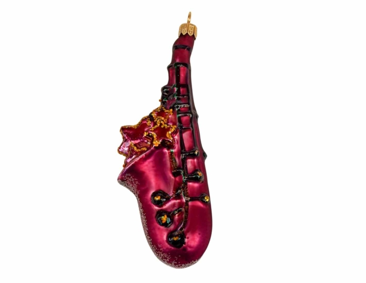 Suspension de Noël saxophone bordeaux pour sapin de Noël, verre soufflé. Détails peints à la main.
Hauteur : 14cm