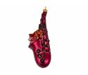 Voir la slide Suspension de Noël saxophone bordeaux pour sapin de Noël, verre soufflé. Détails peints à la main.
Hauteur : 14cm