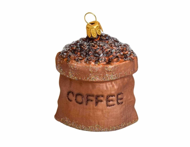 Suspension de Noël originale sac de café en verre soufflé, décoré à la main. Décoration pour sapin de Noël. Hauteur : 8cm