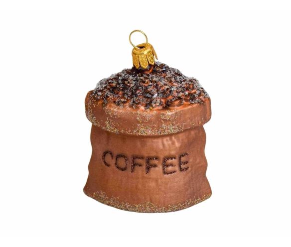 Suspension de Noël originale sac de café en verre soufflé, décoré à la main. Décoration pour sapin de Noël. Hauteur : 8cm