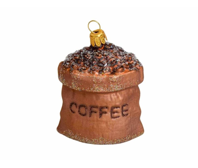 Suspension de Noël originale sac de café en verre soufflé, décoré à la main. Décoration pour sapin de Noël. Hauteur : 8cm