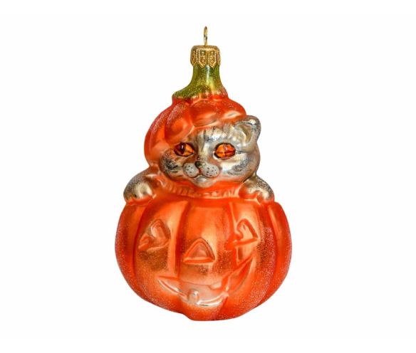 Suspension originale pour Halloween, citrouille orange avec un chat en verre soufflé.
Hauteur : 15cm