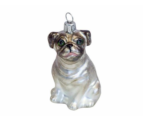 Suspension de Noël originale chien bulldog anglais gris en verre souffle et peint à la main. Hauteur : 10cm.