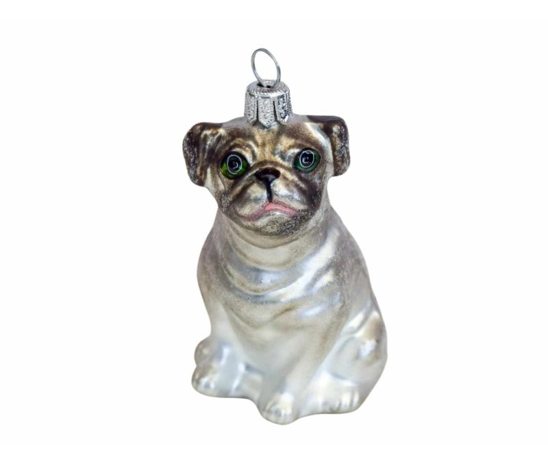 Suspension de Noël originale chien bulldog anglais gris en verre souffle et peint à la main. Hauteur : 10cm.
