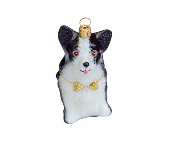 Boule de Noël chien Corgi noir et blanc, noeud papillon doré, verre soufflé. Hauteur : 9cm