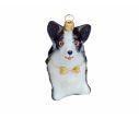 See slide Boule de Noël chien Corgi noir et blanc, noeud papillon doré, verre soufflé. Hauteur : 9cm