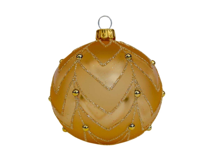 Boule de Noël dorée en verre avec décors chevrons en paillettes dorées et perles dorées. 

Diamètre : 8cm