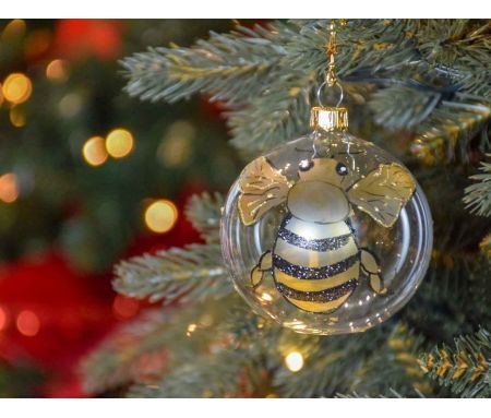 Boule de Noël transparente en verre avec une abeille dorée et noire peinte à la main.

Diamètre : 8cm