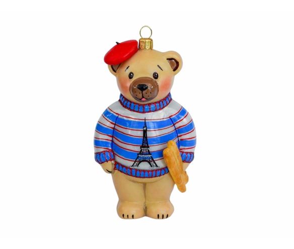 Suspension Noël ourson béret rouge marinière bleue Tour Eiffel baguette verre soufflé brillant H18cm - Lilosquare