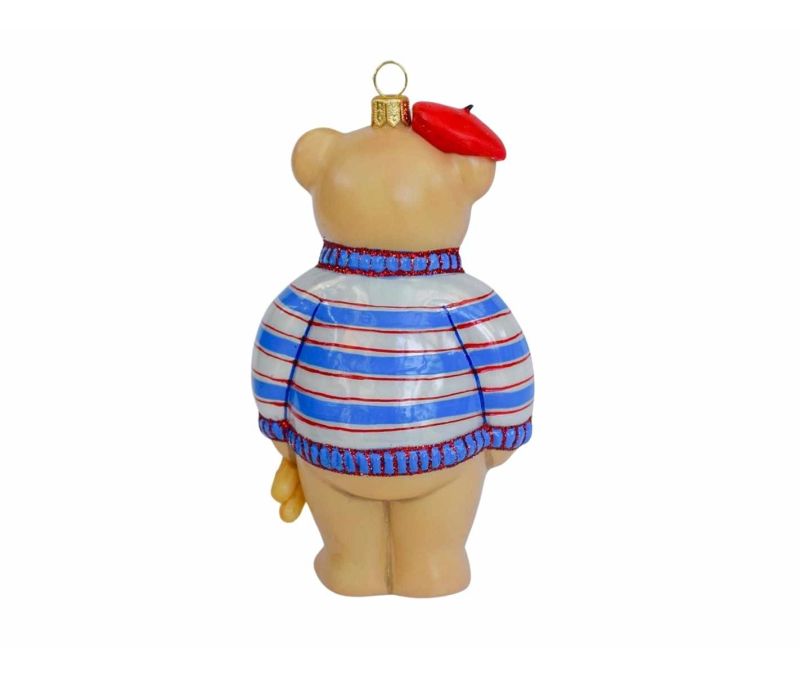 Suspension Noël ourson béret rouge marinière bleue Tour Eiffel baguette verre soufflé brillant H18cm - Lilosquare