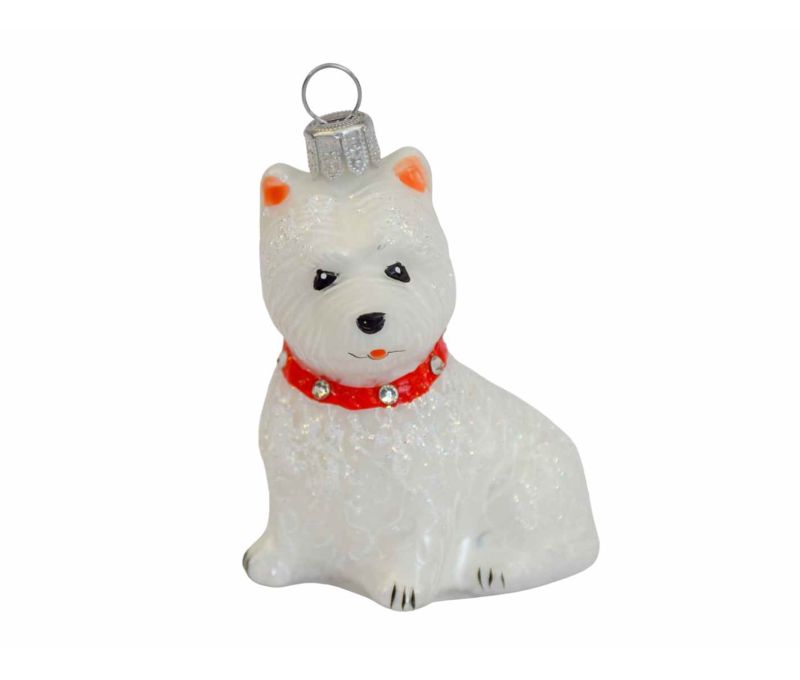Boule de Noël chien westie blanc avec collier rouge en verre soufflé, déco pour sapin de Noël. Made in Europe