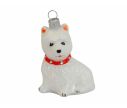 See slide Boule de Noël chien westie blanc avec collier rouge en verre soufflé, déco pour sapin de Noël. Made in Europe