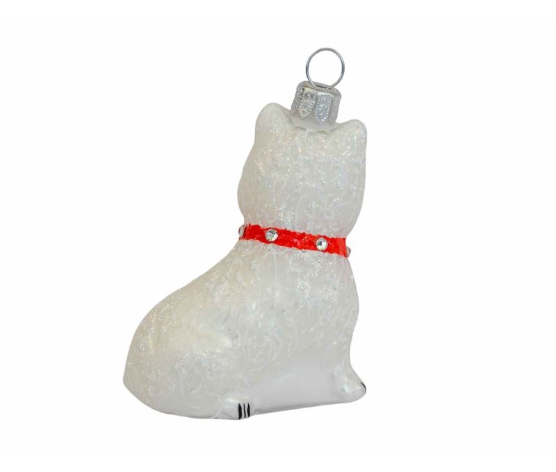 Boule de Noël chien westie blanc avec collier rouge en verre soufflé, déco pour sapin de Noël. Made in Europe