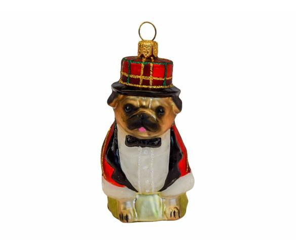 Boule de Noël chien Carlin en verre soufflé avec son costume de Noël. Décoration à suspendre au sapin de Noël , made in Europe