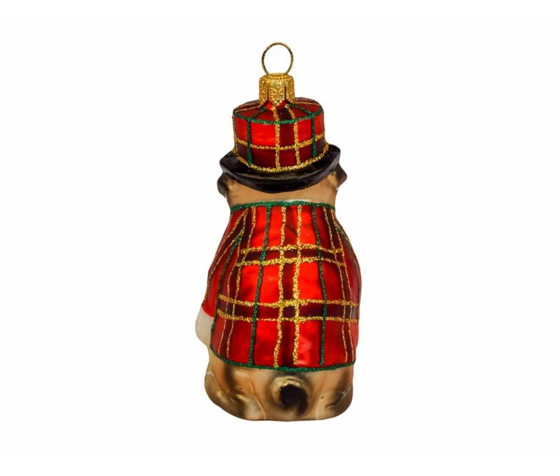 Boule de Noël chien Carlin en verre soufflé avec son costume de Noël. Décoration à suspendre au sapin de Noël , made in Europe