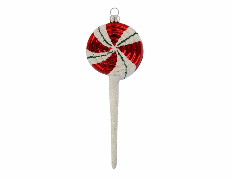 Suspension de Noël sucette blanche et rouge en verre soufflé pour décorer votre sapin de Noël. Made in Europe