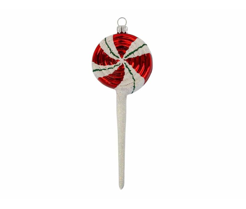 Suspension de Noël sucette blanche et rouge en verre soufflé pour décorer votre sapin de Noël. Made in Europe