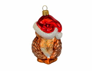 Boule de Noël hibou avec bonnet de Noël rouge et blanc, verre soufflé et décoré à la main.