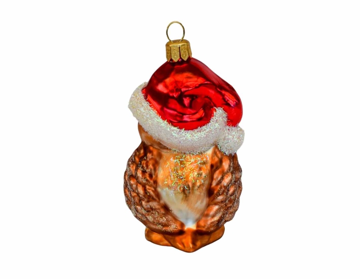 Boule de Noël hibou avec bonnet de Noël rouge et blanc, verre soufflé et décoré à la main.