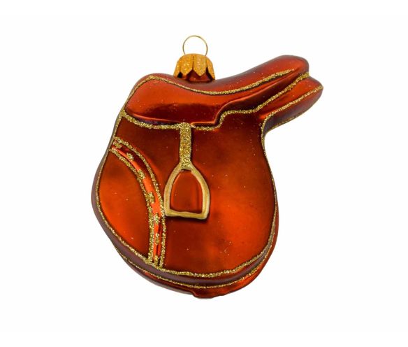 Suspension de Noël en verre soufflé en forme de selle à cheval brune.