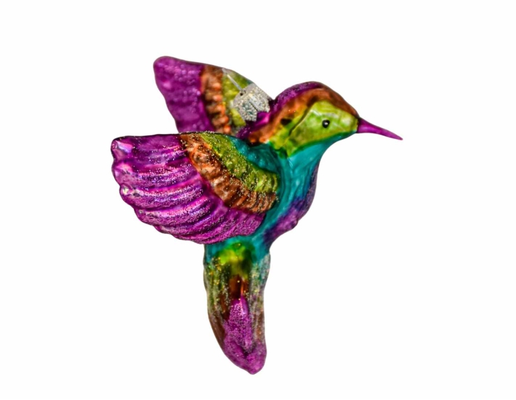 Suspension de Noël en verre soufflé colibri mauve, peint à la main.