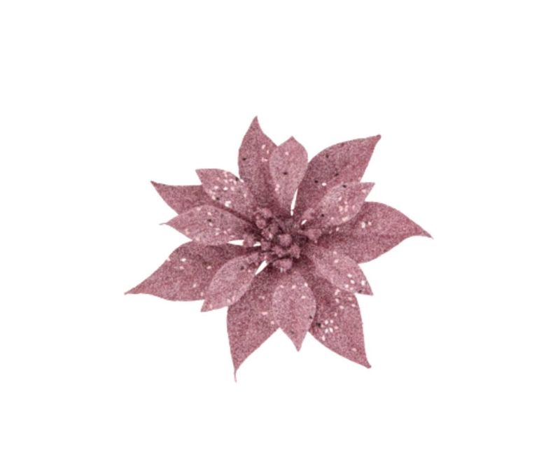 Fleur poinsettia rose pailletée brillante clip métallique décoration sapin Noël D18cm