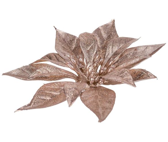 Fleur de Noël poinsettia champagne rosé mat pailletteé reflets métalliques clip sapin diamètre 18cm