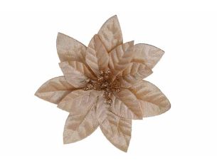 Fleur de Noël Poinsettia champagne en velours sur clip pour décorer les extrémités de votre sapin de Noël.

Diamètre 12cm