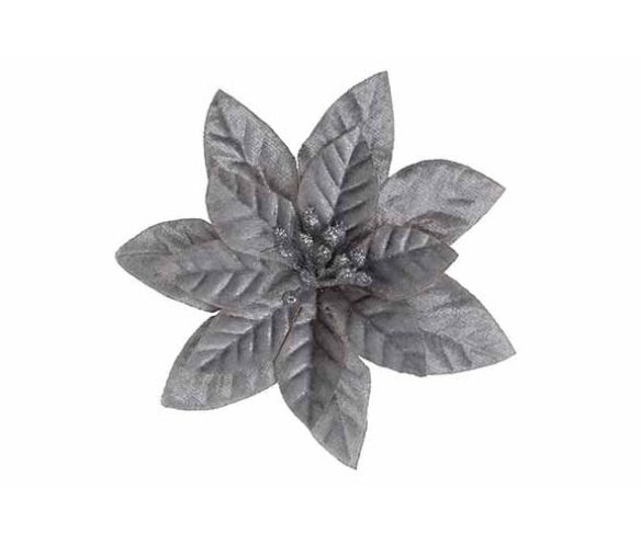 Fleur de Noël poinsettia velours gris argenté pétales nervurés cœur étamines argentées clip sapin diamètre 12cm