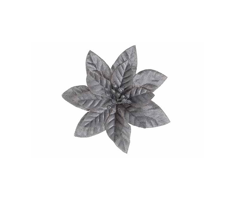 Fleur de Noël poinsettia velours gris argenté pétales nervurés cœur étamines argentées clip sapin diamètre 12cm