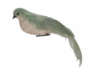 Oiseau décoratif plumes vertes ventre champagne pailleté clip H7cm