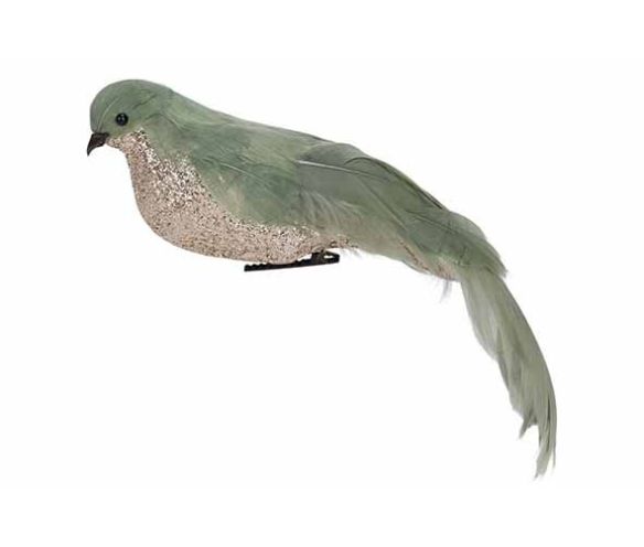 Oiseau décoratif plumes vertes ventre champagne pailleté clip H7cm