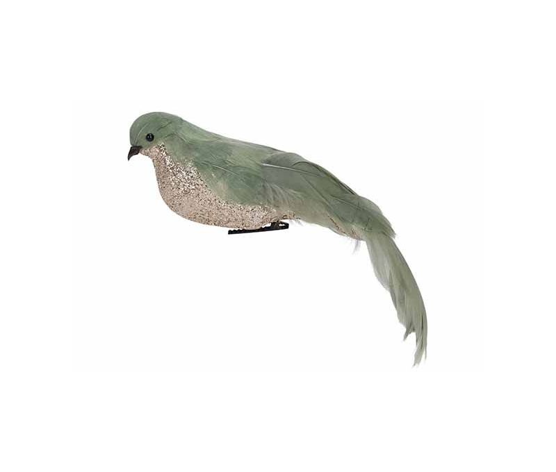 Oiseau décoratif plumes vertes ventre champagne pailleté clip H7cm