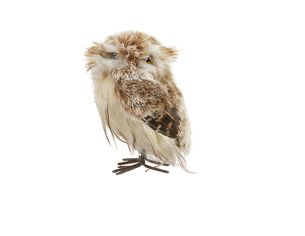 Hibou décoratif plumes marron crème pattes brindilles H15cm
