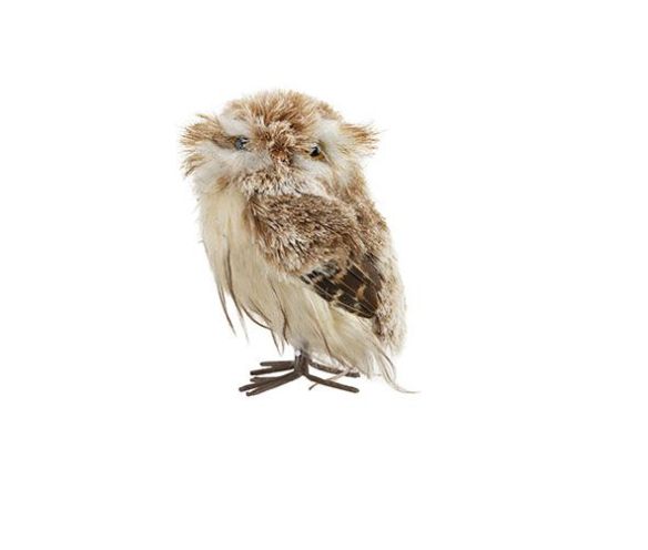 Hibou décoratif plumes marron crème pattes brindilles H15cm