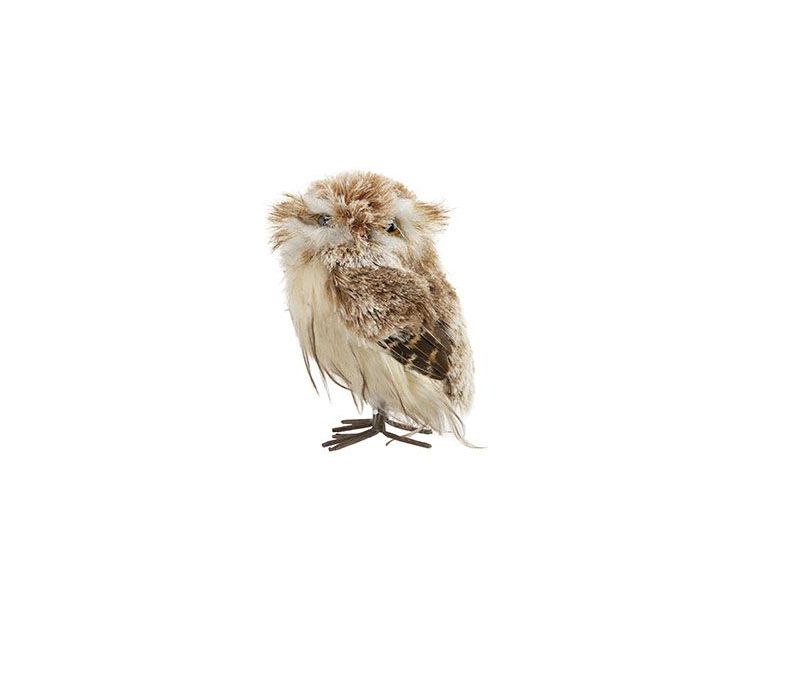 Hibou décoratif plumes marron crème pattes brindilles H15cm
