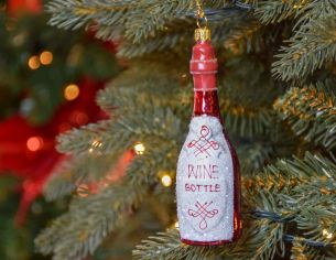 Boule de Noël originale bouteille de vin rouge, verre soufflé et peinte à la main pour sapin de Noël. Hauteur : 13cm