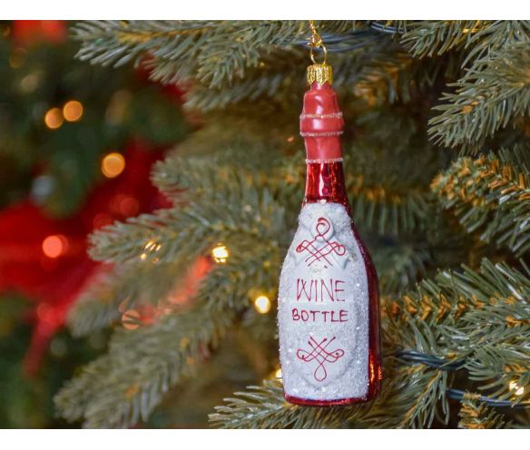 Boule de Noël originale bouteille de vin rouge, verre soufflé et peinte à la main pour sapin de Noël. Hauteur : 13cm