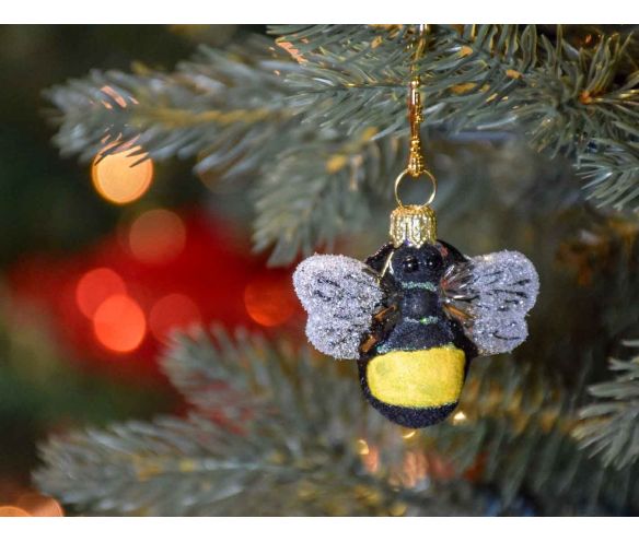 Boule de Noël abeille jaune et noire en verre soufflé, décorée à la main. Made in Europe, Hauteur : 5cm