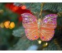 See slide Boule de Noël papillon rose et orange en verre soufflé, strass et paillettes roses. Hauteur de 6cm, made in Europe.
