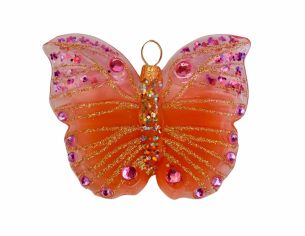 Boule de Noël papillon rose et orange en verre soufflé, strass et paillettes roses. Hauteur de 6cm, made in Europe.