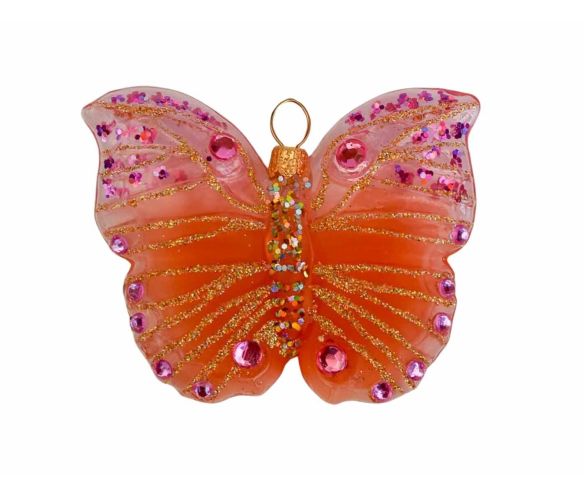 Boule de Noël papillon rose et orange en verre soufflé, strass et paillettes roses. Hauteur de 6cm, made in Europe.