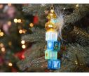 Voir la slide Boule mon premier Noël baby boy doré et bleu avec canard, verre soufflé H16cm. Marque Lilosquare, vue de côté.
