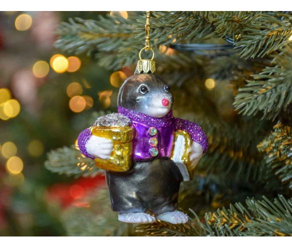 Suspension de Noël taupe grise et mauve en verre soufflé, made in Europe. Hauteur : 10cm