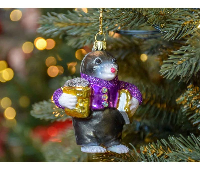 Suspension de Noël taupe grise et mauve en verre soufflé, made in Europe. Hauteur : 10cm