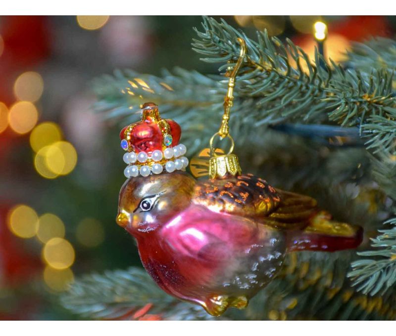 Suspension de Noël oiseau rouge gorge avec couronne en perle, verre soufflé et décoré à la main en Europe.