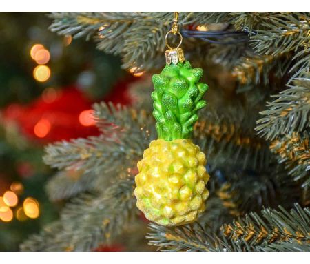 Boule de Noël ananas en verre soufflé, jaune et vert pour suspendre à votre sapin. Made in Europe. Hauteur 10cm.
