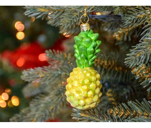 Boule de Noël ananas en verre soufflé, jaune et vert pour suspendre à votre sapin. Made in Europe. Hauteur 10cm.